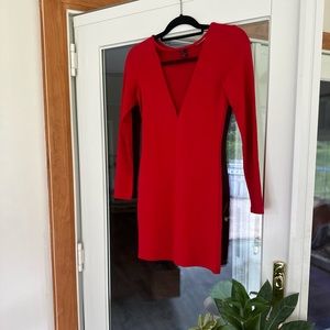Red, slim fit mini dress with meche detail.